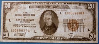 1929 $20 Federal Reserve Bank Note Brown Seal Bank Of San Francisco F - 1870l