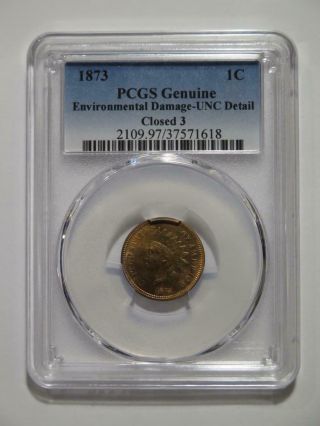 1873 Indian Head Cent 1c Closed 3 U.  S.  Coin ✮pcgs Unc - Detail Env - D Graded✮