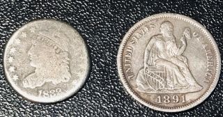 1832 Capped Bust Half Dime,  1891 Seated Liberty Dime