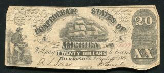 T - 18 1861 $20 Twenty Dollars Csa Confederate States Of America Note Very Fine