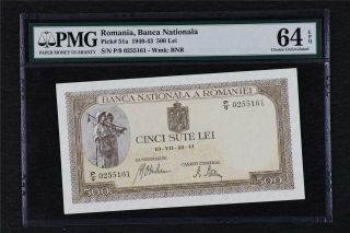 1940 - 43 Romania Banca Nationala 500 Lei Pick 51a Pmg 64 Epq Choice Unc