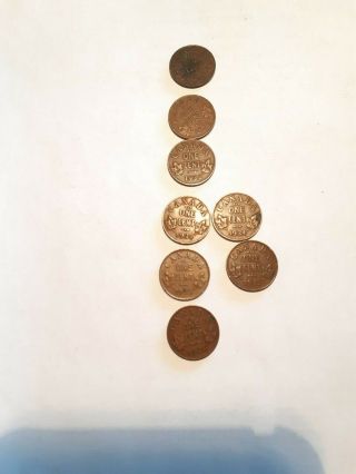 8 Canadian Pennies - 1929,  1932,  1933,  1934,  1935,  1936