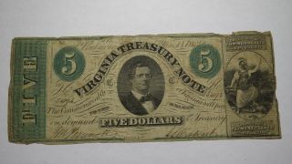 $5 1862 Richmond Virginia Va Obsolete Currency Bank Note Bill Va Treasury Five