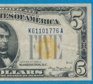 $5.  00 1934 - A North Africa Yellow Seal Silver Certificate Choice Very Fine