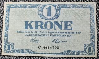 Denmark 1 Krone 1916 With Error Prints,  The Frame Is Completely Wrong ¤¤¤rare¤¤¤