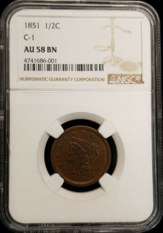 1851 C - 1 Braided Hair Half Cent Coin 1/2c Ngc Au 58