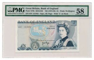 Great Britain Banknote 5 Pounds 1973.  Pmg Au - 58