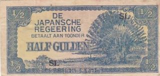 1942 Netherlands Indies 1/2 Gulden Note,  Block Letters Sl,  Pick 122b
