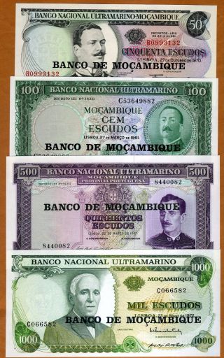 Set Mozambique,  50;100;500;1000 Escudos,  Nd (1976),  P - 116 - 117 - 118 - 119,  Unc