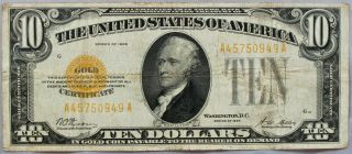 1928 $10 Gold Certificate Currency Bill