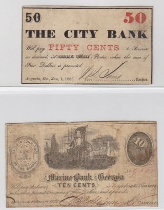Two Scarce Confederate Georgia Scrip Notes From Augusta And Savannah