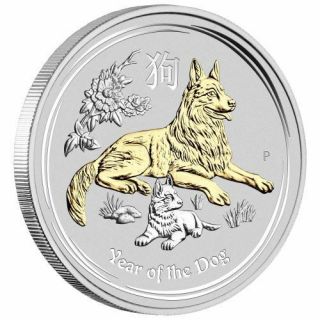 2018 Australia Lunar Year Of The Dog Gilded 1oz Silver $1 Coin W/ Ogp Box Gilt