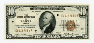 1929 Fr.  1860 - E $10 U.  S.  (richmond,  Virginia) Federal Reserve Bank Note Au