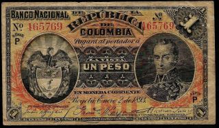 Colombia - Banco Nacional - 1 Peso - 1893 Serie P - Vf