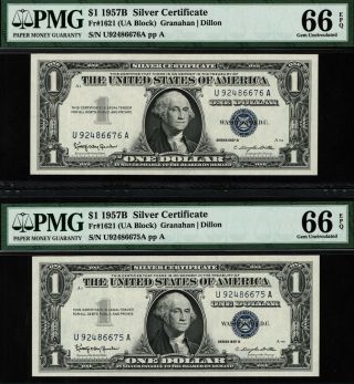 Tt Fr 1621 1957b $1 Silver Certificate Small Blue Seal Pmg 66 Epq Sequential Set