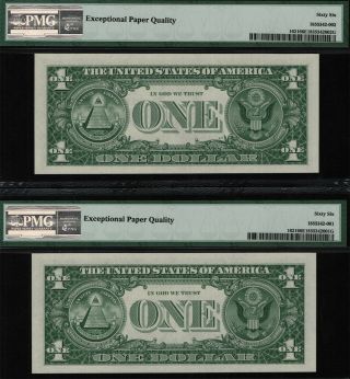 TT FR 1621 1957B $1 SILVER CERTIFICATE SMALL BLUE SEAL PMG 66 EPQ SEQUENTIAL SET 2