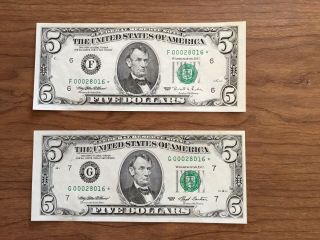 1995 Atlanta and 1993 Chicago $5.  00 Star Notes Matching Serial Numbers 2