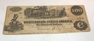 1862 $100 Dollar Confederate Civil War Note