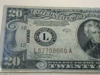 1934 A $20 Dollar Bill Wwii Hawaii Brown Seal Federal Reserve Note