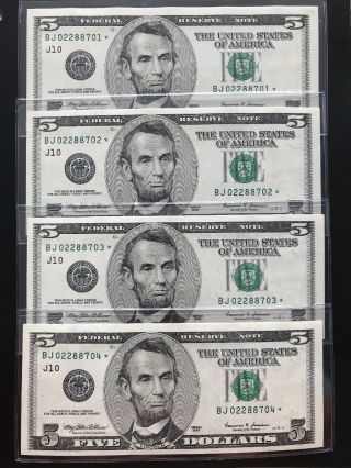 1999 $5 Star Note Five Dollar Bill (kansas “j“) 4 Consecutive Uncirculated