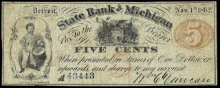Detroit,  Mi - William C.  Duncan At State Bank Of Michigan 5¢ Nov.  1,  1862