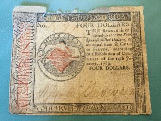 Continental Currency $4 Dollars Jan 14 1779 Note Ag