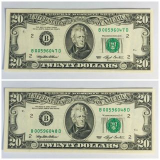 1993 $20 Consecutive Series Twenty Dollar Bill Note Federal Reserve Currency