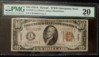 $10 1934a Hawaii Wwii Emergency Issue - Pmg Very Fine 20 - S/n L70198071a - Ppc