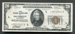 Fr.  1870 - L 1929 $20 Frbn Federal Reserve Bank Note San Francisco,  Ca Xf (b)