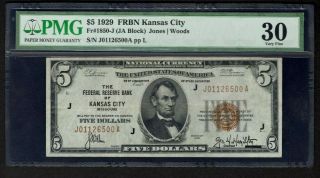 1929 $5 Kansas City,  Federal Reserve Bank Note Pmg Vf30