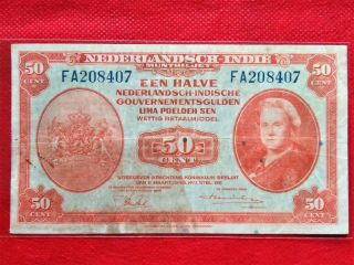 1943 Netherlands - Indies 1/2 Gulden Old Banknote @ Cir