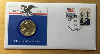 Martin Van Buren Gold Plated Medal With Stamp And Postmark 1992 (box 3)