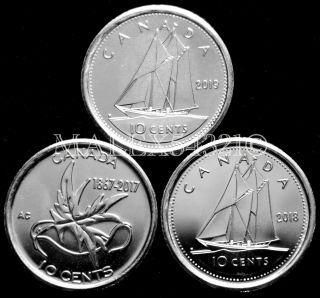 Canada 2017 2018 2019 Set Of 10 Cents Uncirculated From Roll