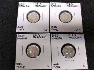 1917 - 1920 Mercury Silver Dime,  4 X Circulated Coin (s)