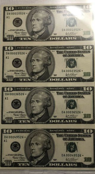 2003 U.  S.  $10 Ten Dollar Bill Set Of (4) Uncut Sheet,  Currency,  Money