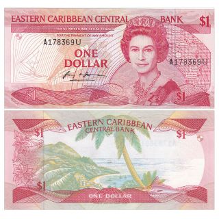 East Caribbean 1 Dollar,  Nd (1988),  P - 21u,  Unc Qeii
