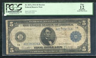 Fr.  847a 1914 $5 Five Dollars Frn Federal Reserve Note Boston,  Ma Pcgs Fine - 12