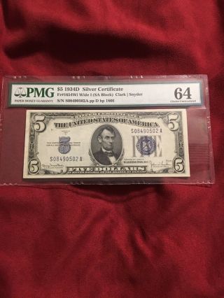 1934 - D $5 Silver Certificate Wide I Fr.  1654wi Pcgs 64 Ppq