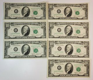 7 1985 $10 Federal Reserve Notes Bank Of Boston Uncirculated Consecutive Numbers