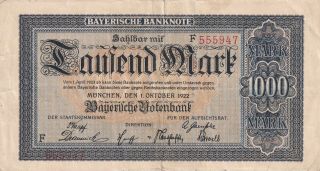 Germany 1000 Mark 1922 Bavaria Munich " Bayerische Notenbank " (b337)