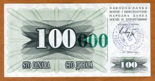Bosnia - Herzegovina,  100,  000 Dinara,  1993,  P - 56a,  Unc