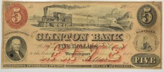 1859 $5 Clinton Bank Of Westenport Md Fine
