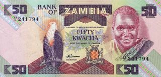 1986 - 88 Zambia 50 Kwacha Banknote,  Pick 50a,  Choice Uncirculated