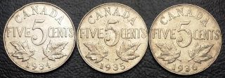 Set Of 3 Vintage Canada 5 Cent Nickels - 1934 1935 1936 -