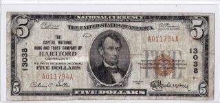 $5 1929 T1 Capitol National Hartford Connecticut Ct Circulated Note.