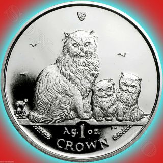 2005 Isle Of Man - Himalayan Mother & Kittens - 1 Oz.  999 Silver Proof Cat Coin