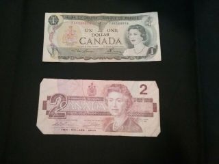 Canadian 1973 One 1 Dollar Bill And 1986 Two 2 Dollar Bill Paper Money Currency