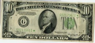 1934 - A $10 Federal Reserve Star Note U.  S.  Currency Bill Jg136