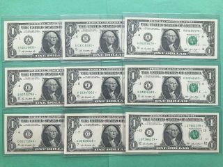 Wow 9 Star Notes $1 Dollar Bills 2013 (9 Different Districts) Uncirculated