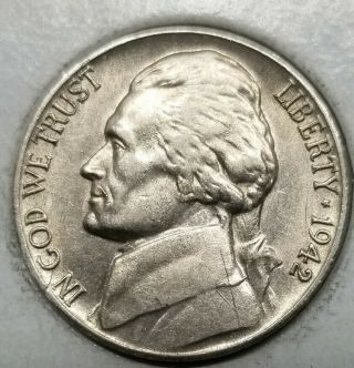 1942 D Jefferson Nickel,  Type 1,  Mintage Of 13.  9 Mil,  Scarce